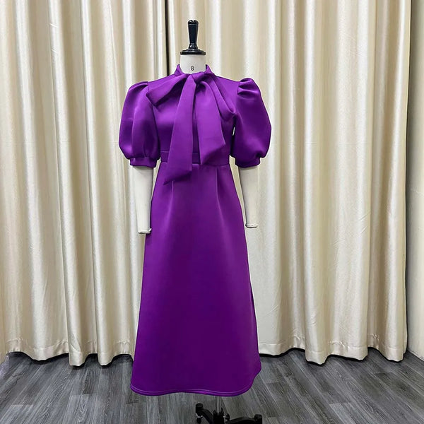 Elegant Bow Neck Puff Sleeve Dress