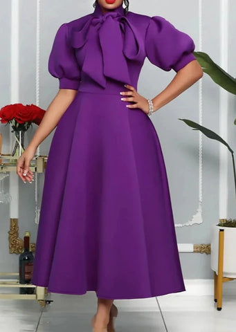 Elegant Bow Neck Puff Sleeve Dress