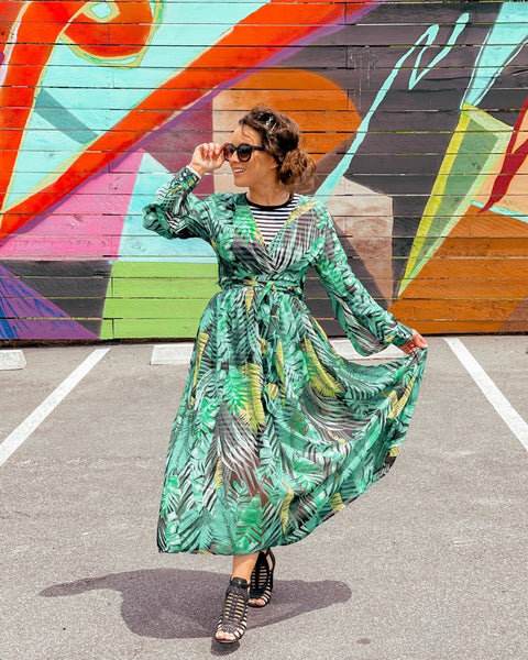 Green Beach Leaf Print Dress