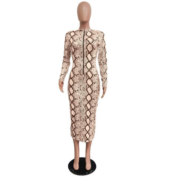 Snake Print Long Sleeve Zipper Dress